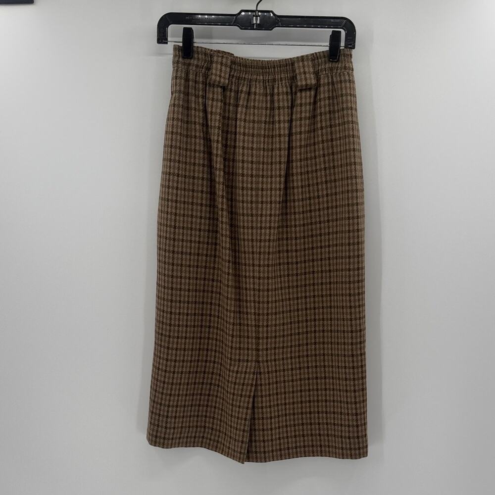 The J. Peterman Company 100% Wool Plaid Pull on Midi Skirt - Tan/Gray - XS